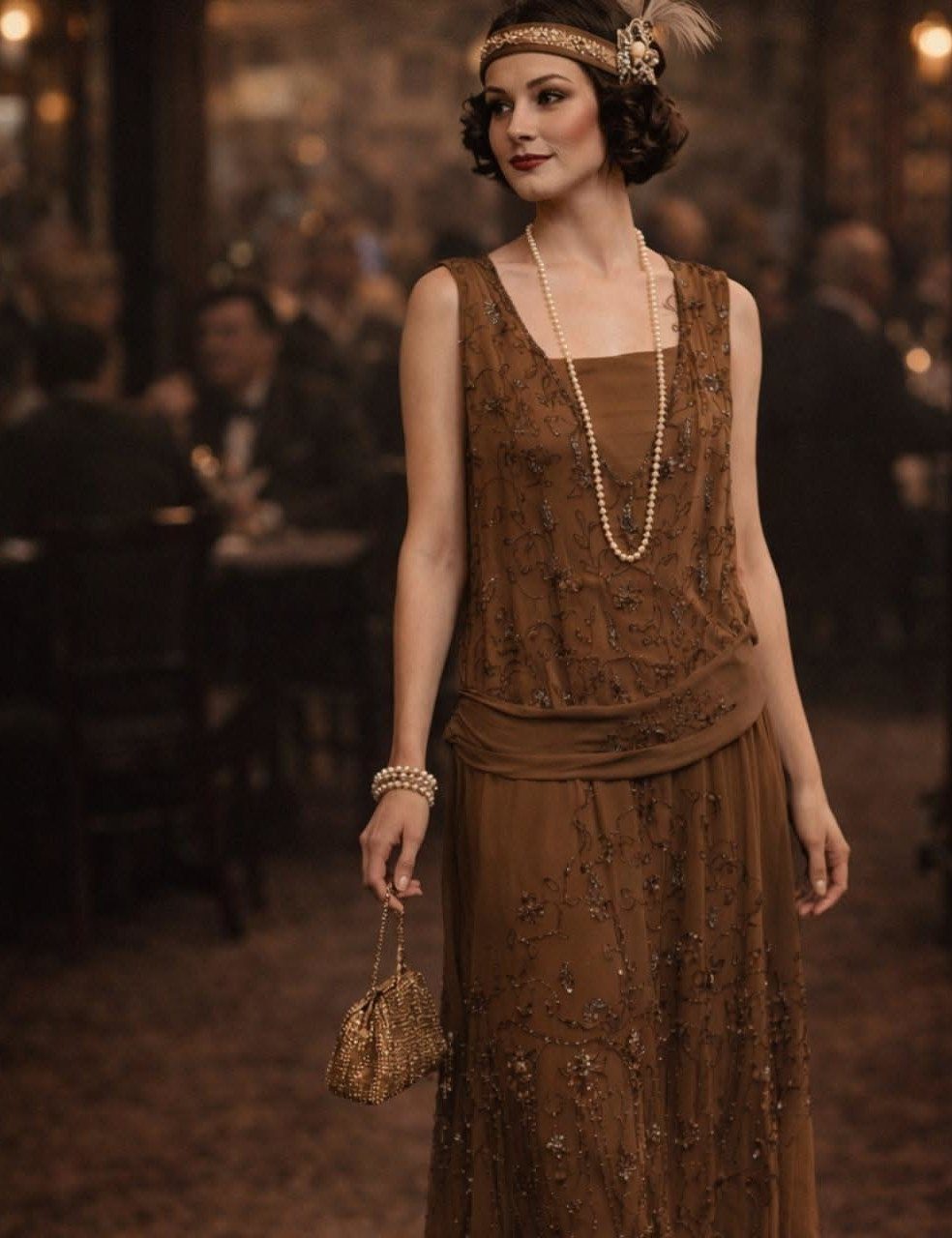 Woman in a brown 1920s long gown with pearls and a feathered headband.