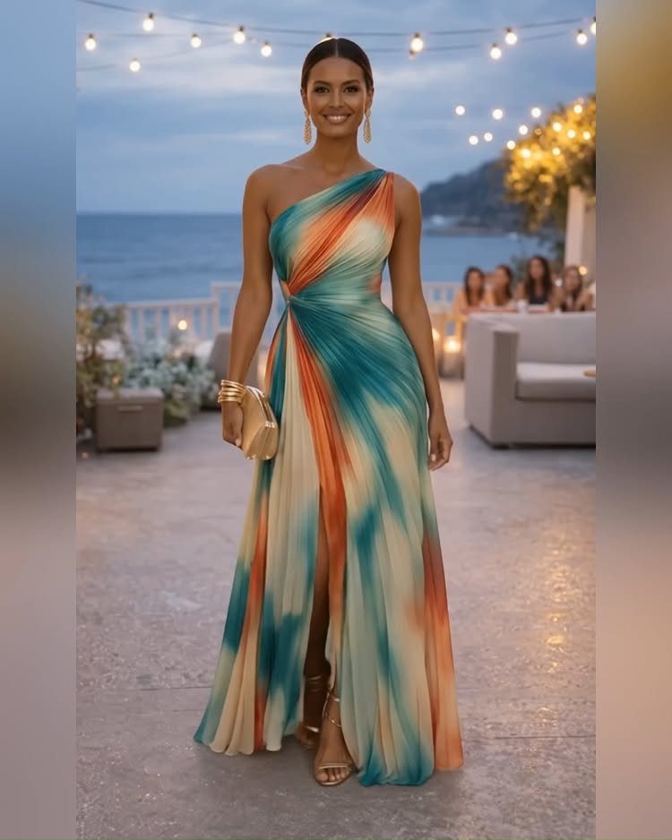 Woman in a colorful one-shoulder maxi dress on a patio with evening lights.