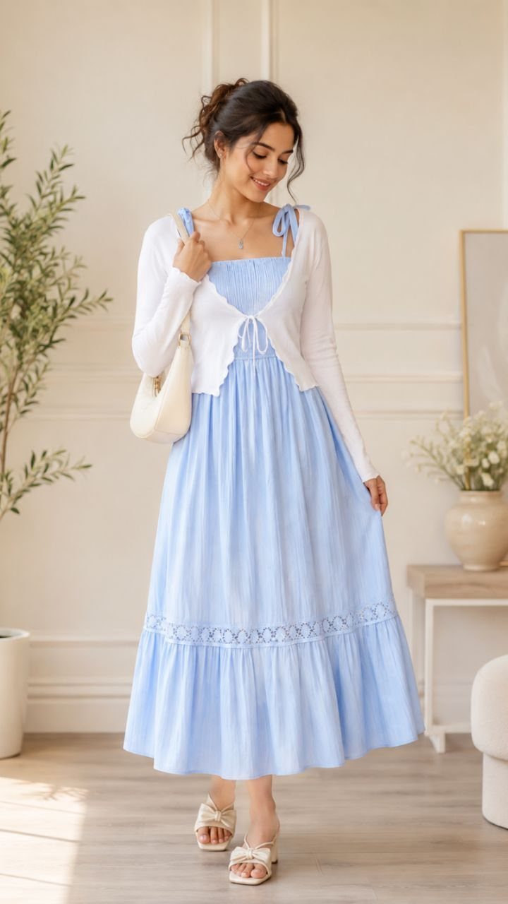 Woman in a light blue maxi dress, white cardigan, and white sandals.