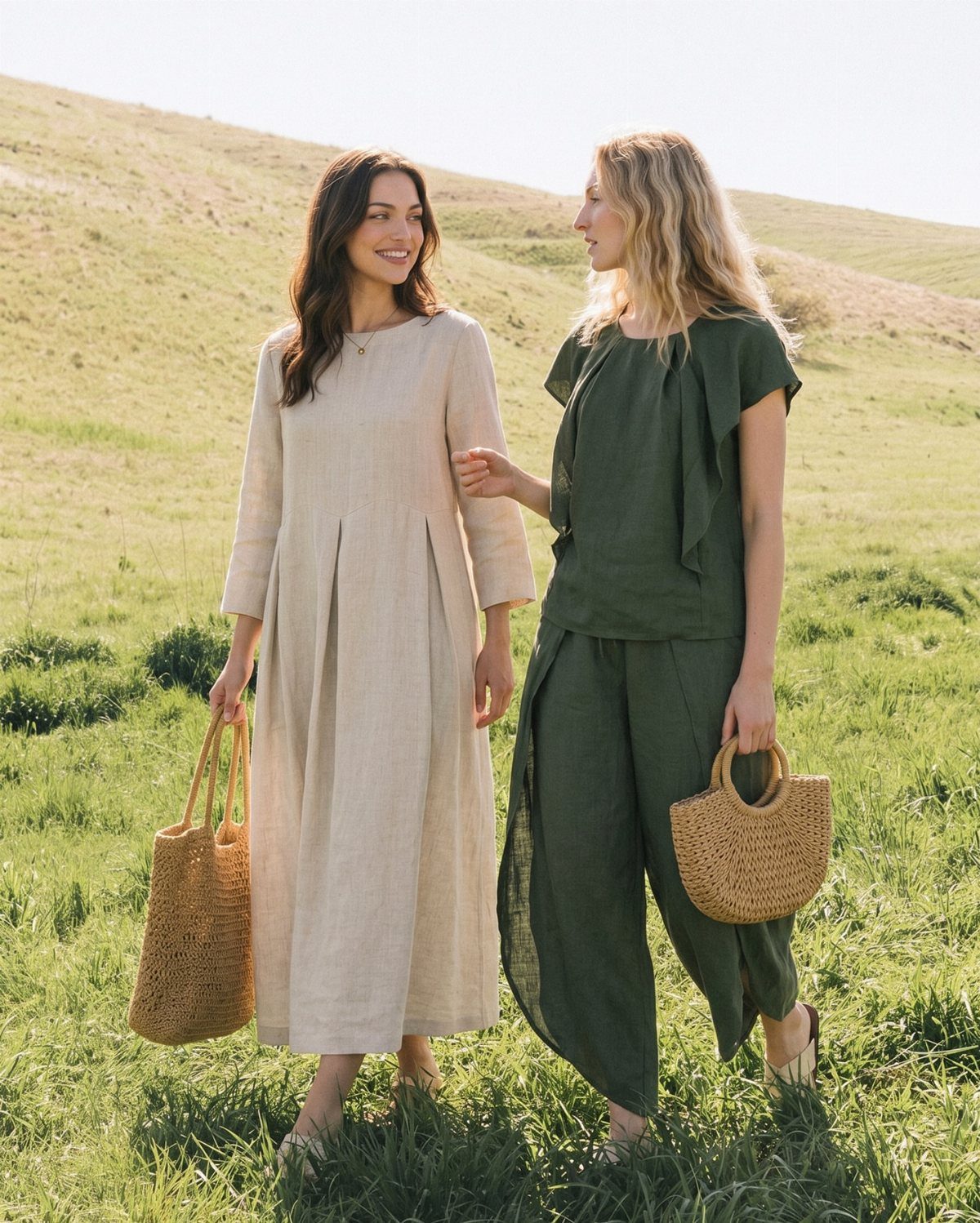 Two women in linen clothing walking through a sunny green field with straw bags.