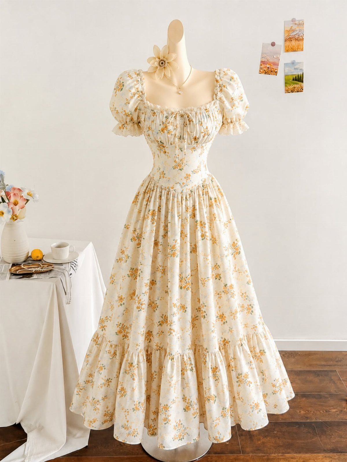Cream floral flowy dress with puff sleeves and tiered skirt on a mannequin