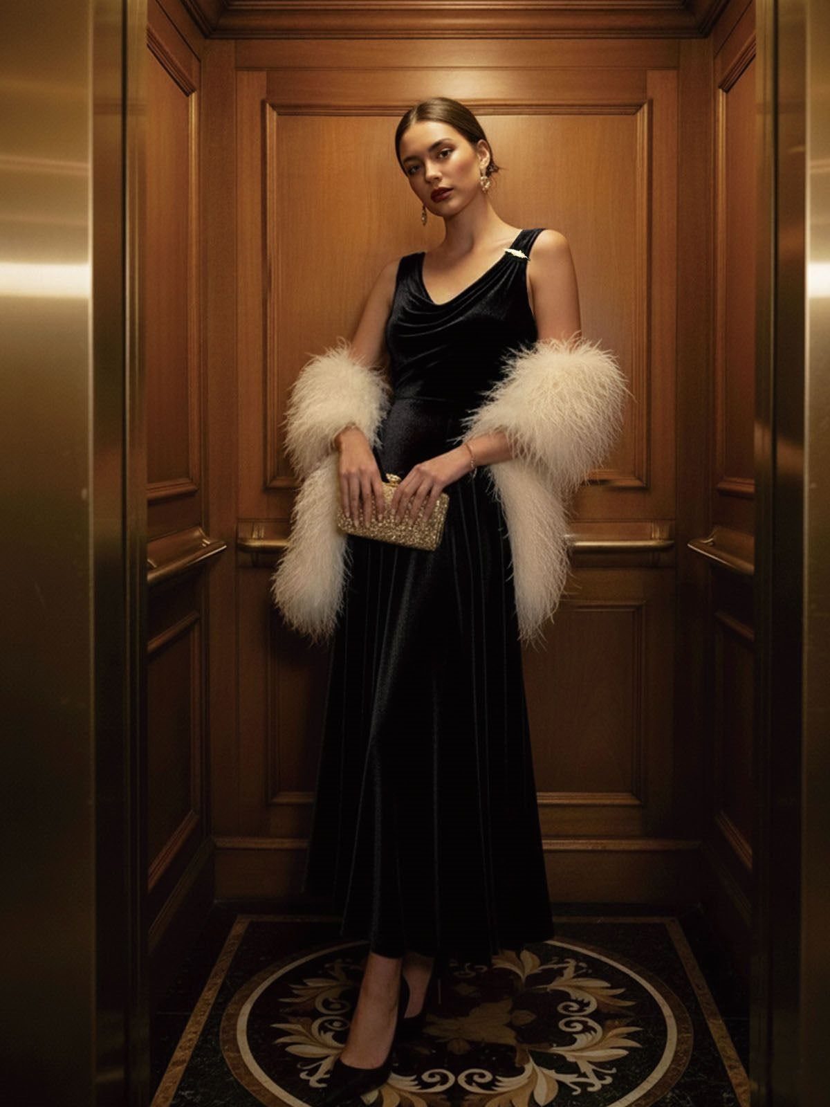6 Ways to Wear a Black Dress with Fur Shawl 5 Woman in a black velvet dress and white fur shawl standing in an elevator