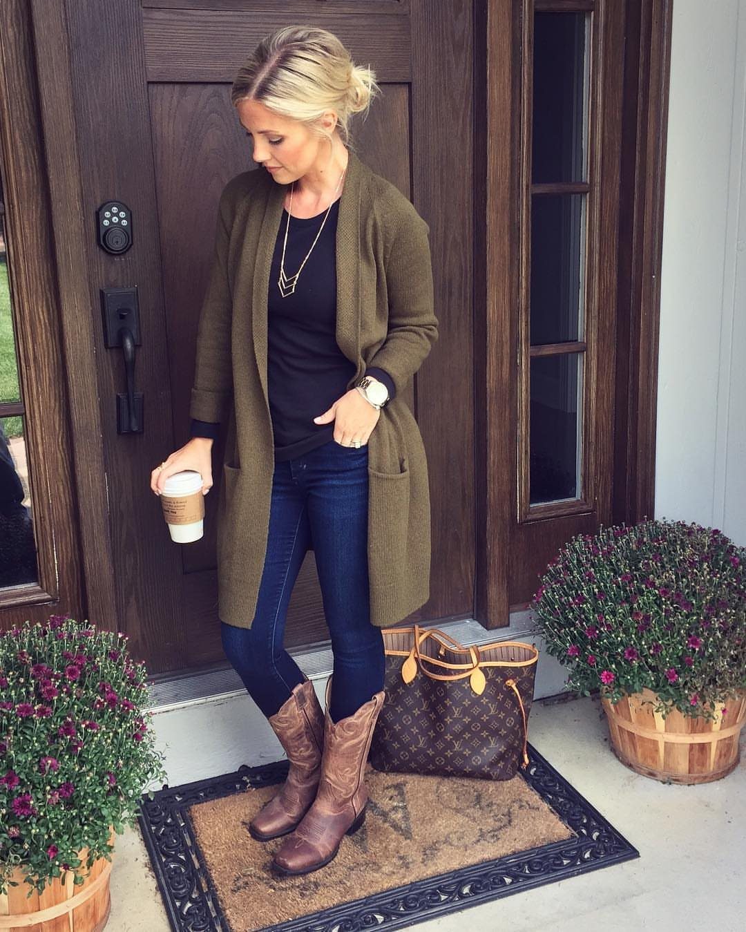 Black or Brown Boots for Every Outfit: 8 Ideas to Wear 3 Woman wearing brown leather boots, dark jeans, and an olive green cardigan.