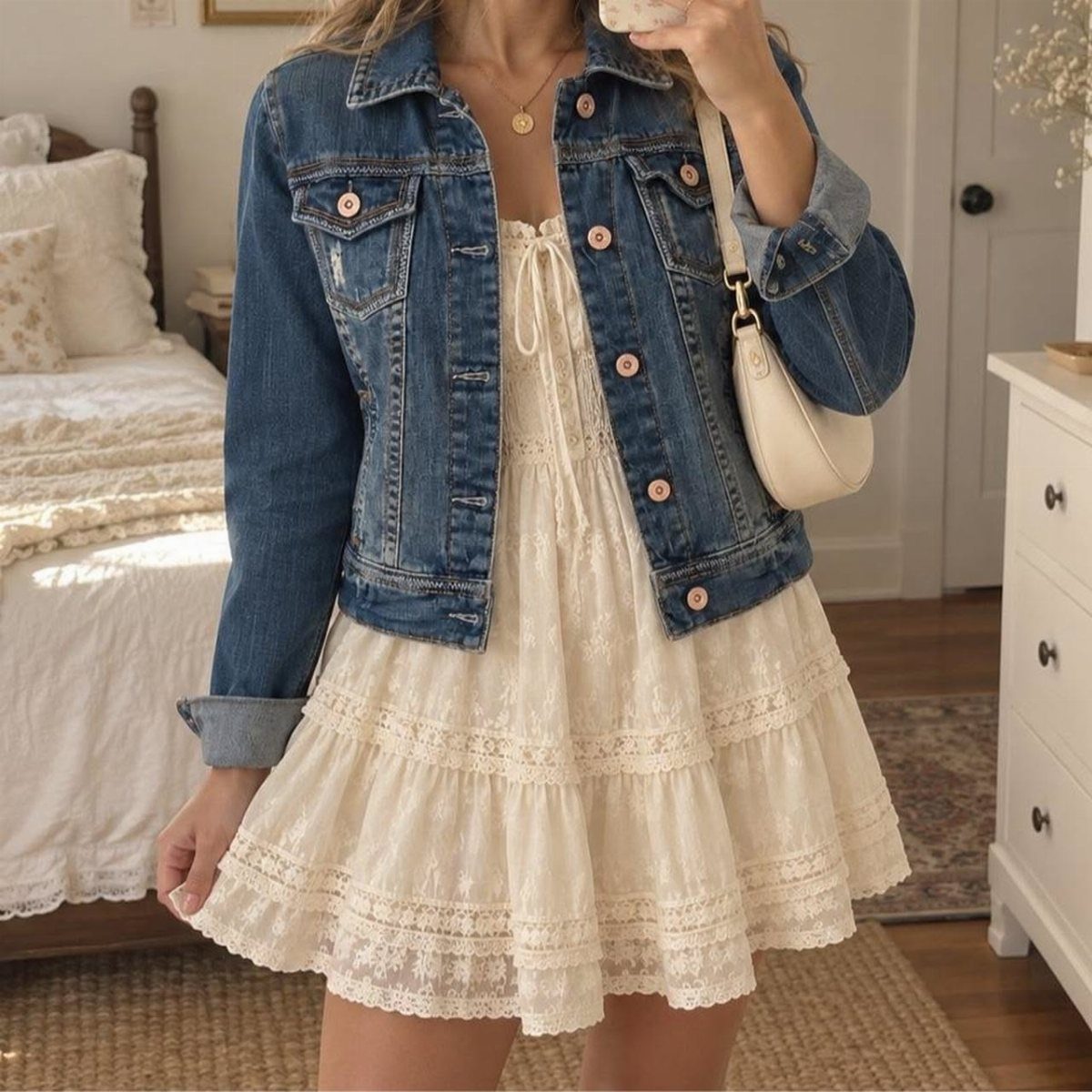 Bohemian Cream Dress Ideas: 9 Ways to Wear One 3 Person wearing a cream lace dress paired with a blue denim jacket and handbag.