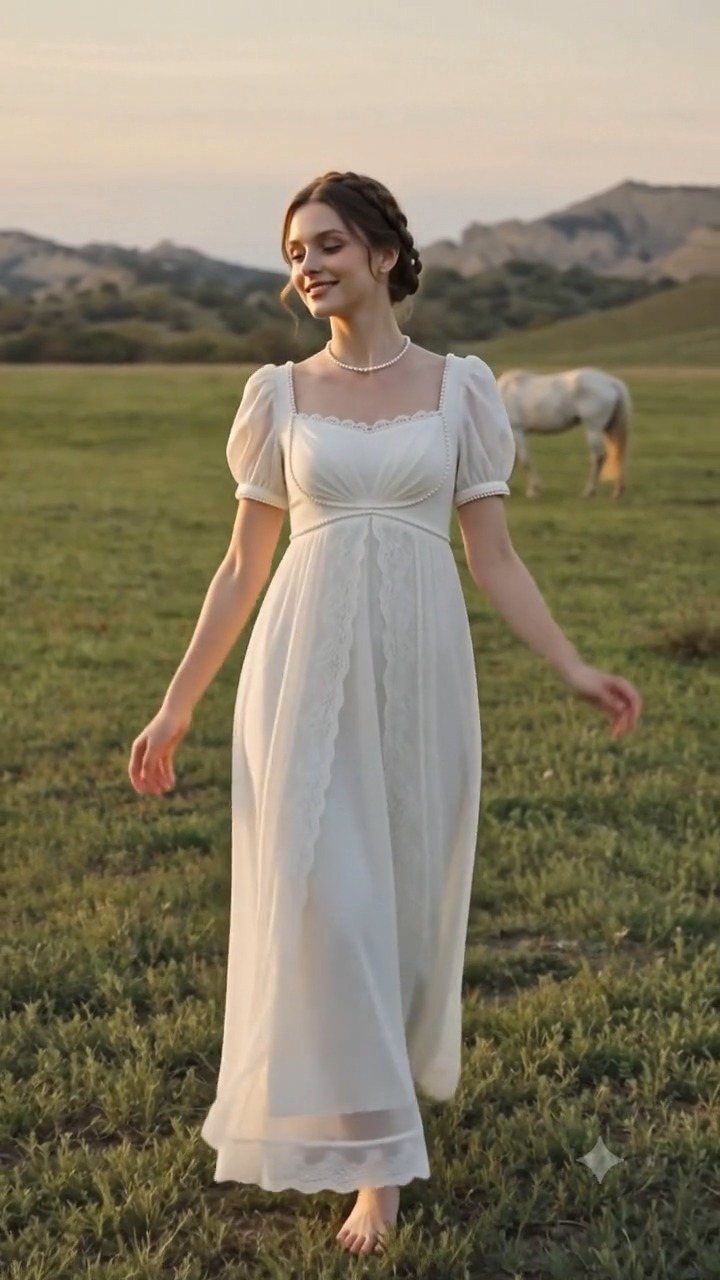 Woman in a white empire waist dress standing in a grassy field with mountains.
