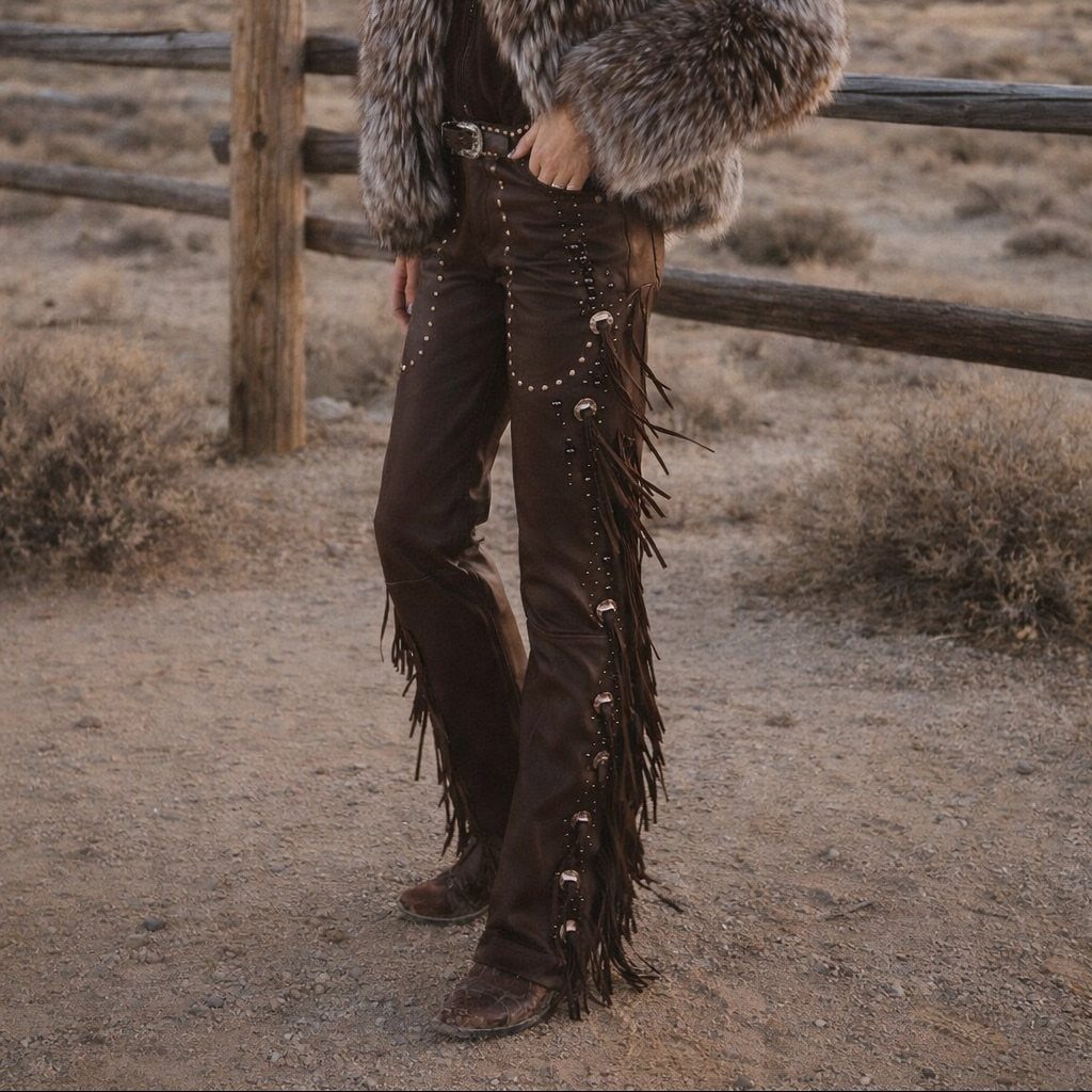 Brown suede pants with long fringe detailing worn by a person outdoors.