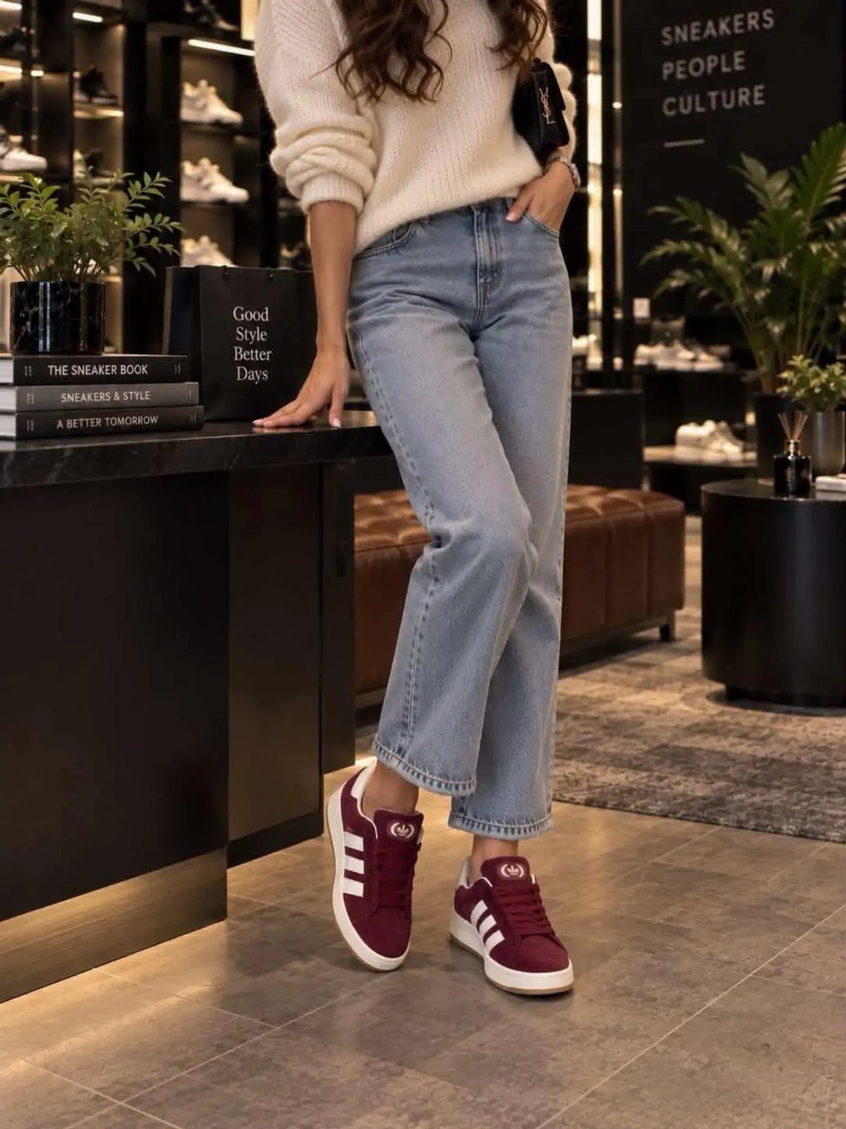 Burgundy Adidas Campus Outfit Ideas: 5 Ways to Wear Them 2 Person wearing burgundy Adidas sneakers, light blue jeans, and a cream knit sweater.