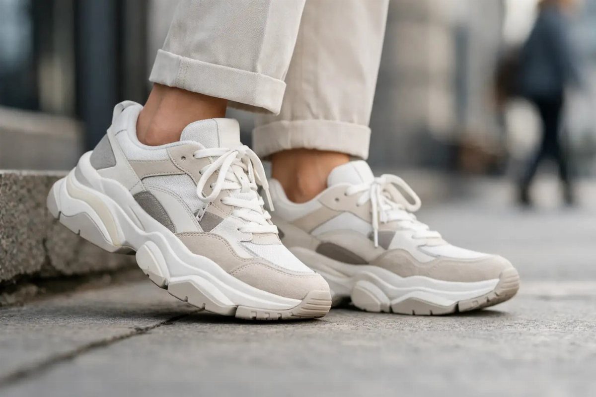 Chunky off-white sneakers with oversized soles worn with light-colored trousers on concrete.