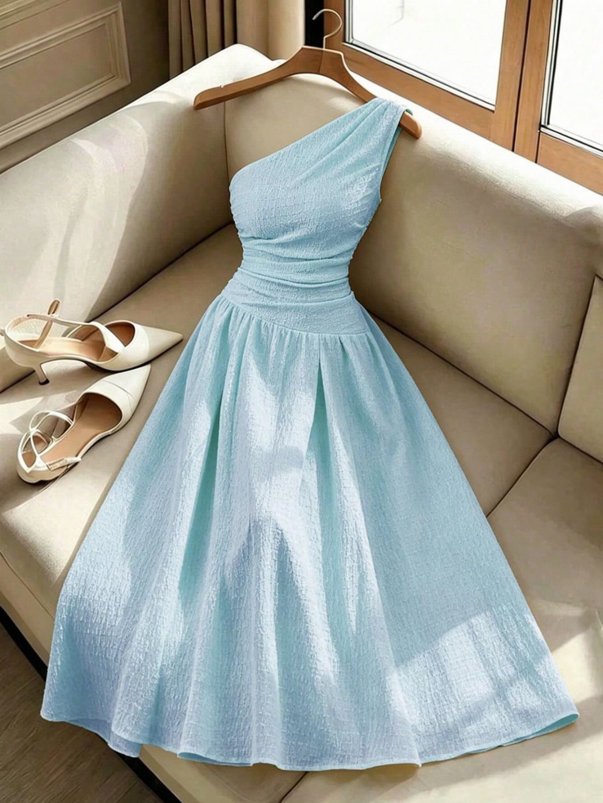 Light blue one-shoulder dress with a flared skirt hanging on a beige sofa