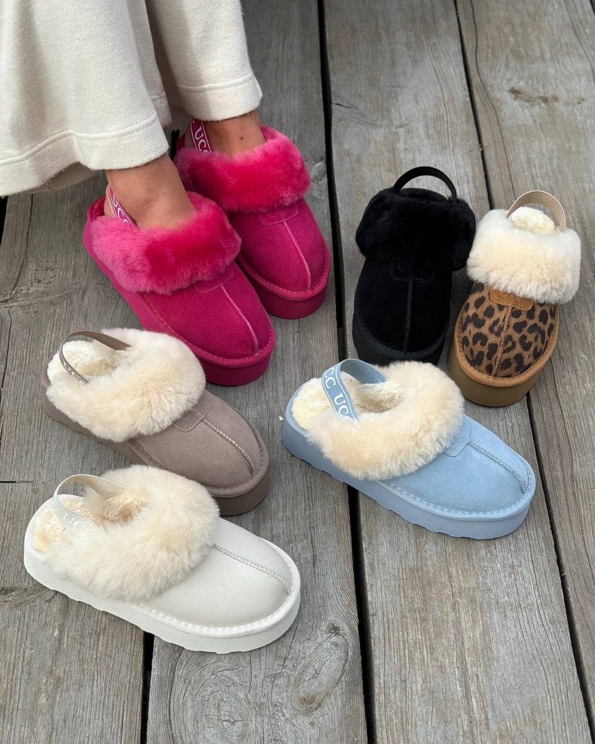 7 Different Types of Uggs for Every Season and Style 2 Various colorful sheepskin-lined Tasman slippers arranged on a weathered grey wooden deck.