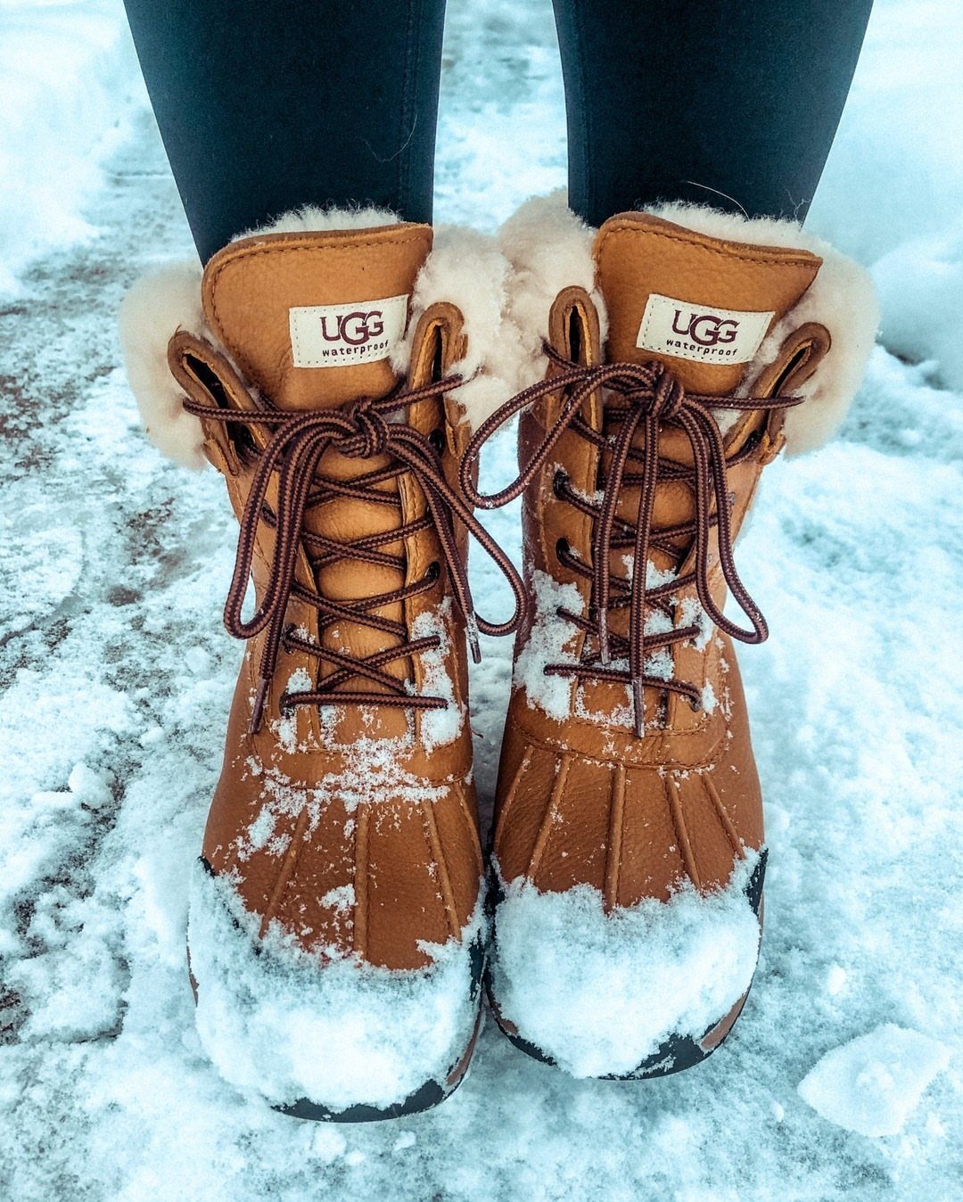 7 Different Types of Uggs for Every Season and Style 4 Tan water-resistant UGG boots with laces standing in deep white snow.