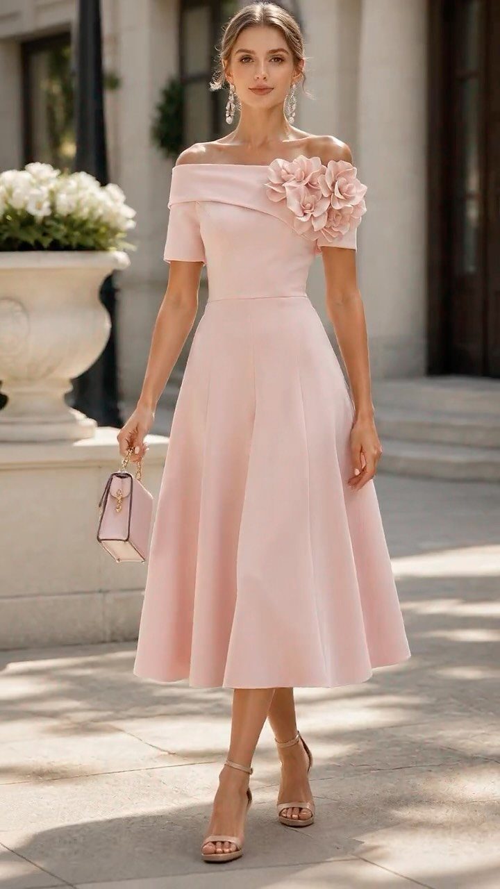 Woman in a light pink off-the-shoulder cocktail dress with floral detail and handbag