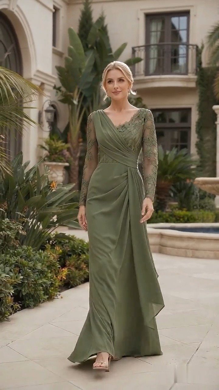 6 Elegant Long Sleeve Evening Dress Ideas for Formal Events 6 Woman in an olive green long sleeve evening dress standing on a stone patio