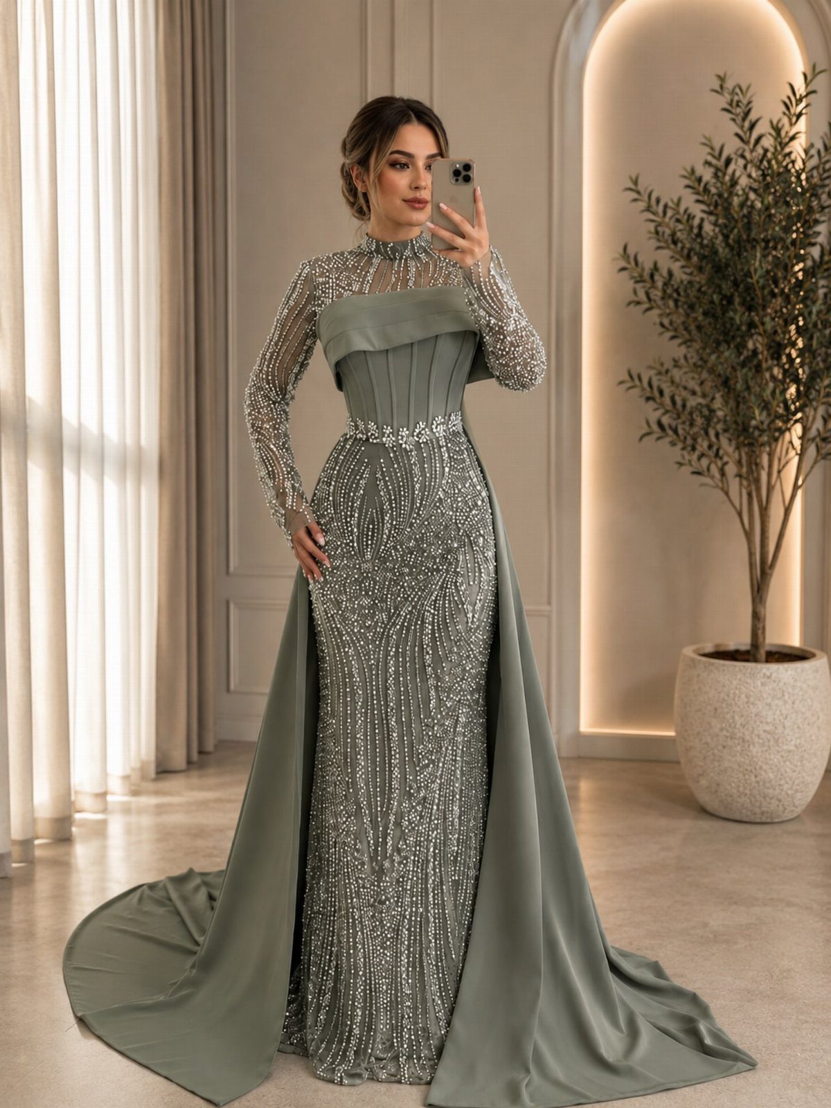 6 Elegant Long Sleeve Evening Dress Ideas for Formal Events 3 Woman in a beaded sage green long sleeve evening dress with a cape