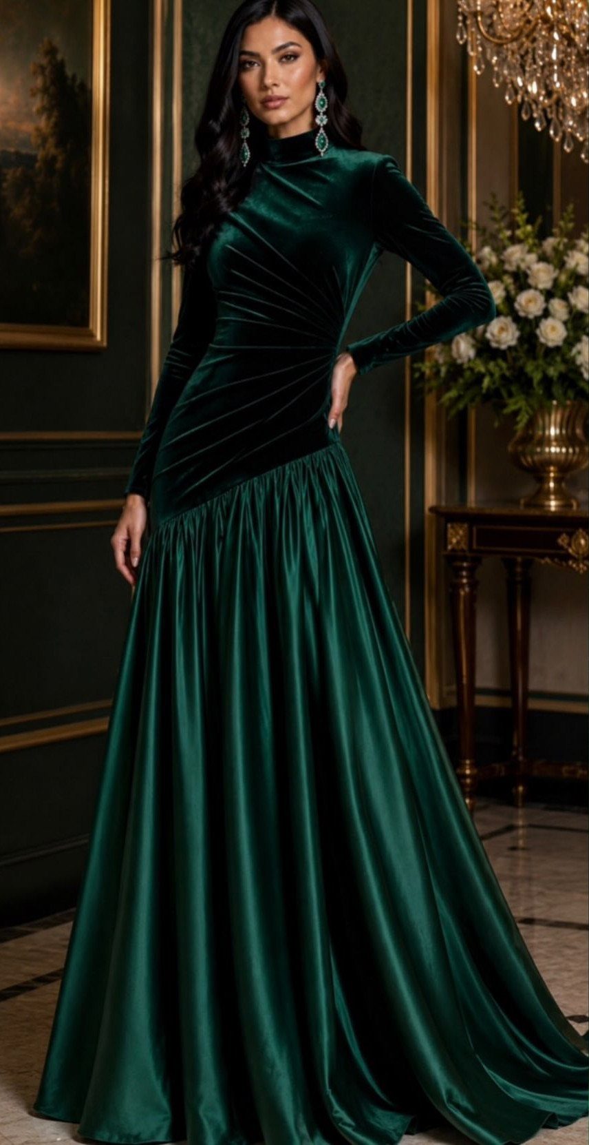 Woman in a floor-length emerald green velvet gown standing in a luxurious room.