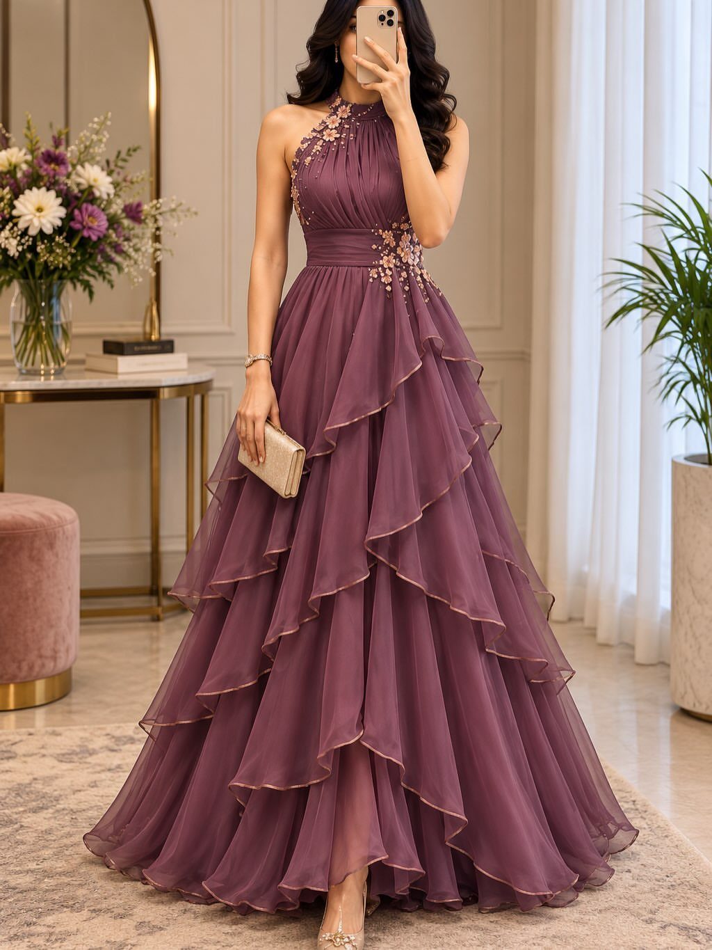 Evening Dress Luxury: 9 Gown Ideas in Satin and Sequins 2 Woman in a purple tiered gown with sparkling embellishments and a gold clutch.