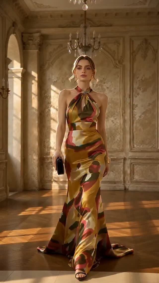 Evening Dress Luxury: 9 Gown Ideas in Satin and Sequins 5 Woman in a gold abstract print satin halter neck gown in a luxury room