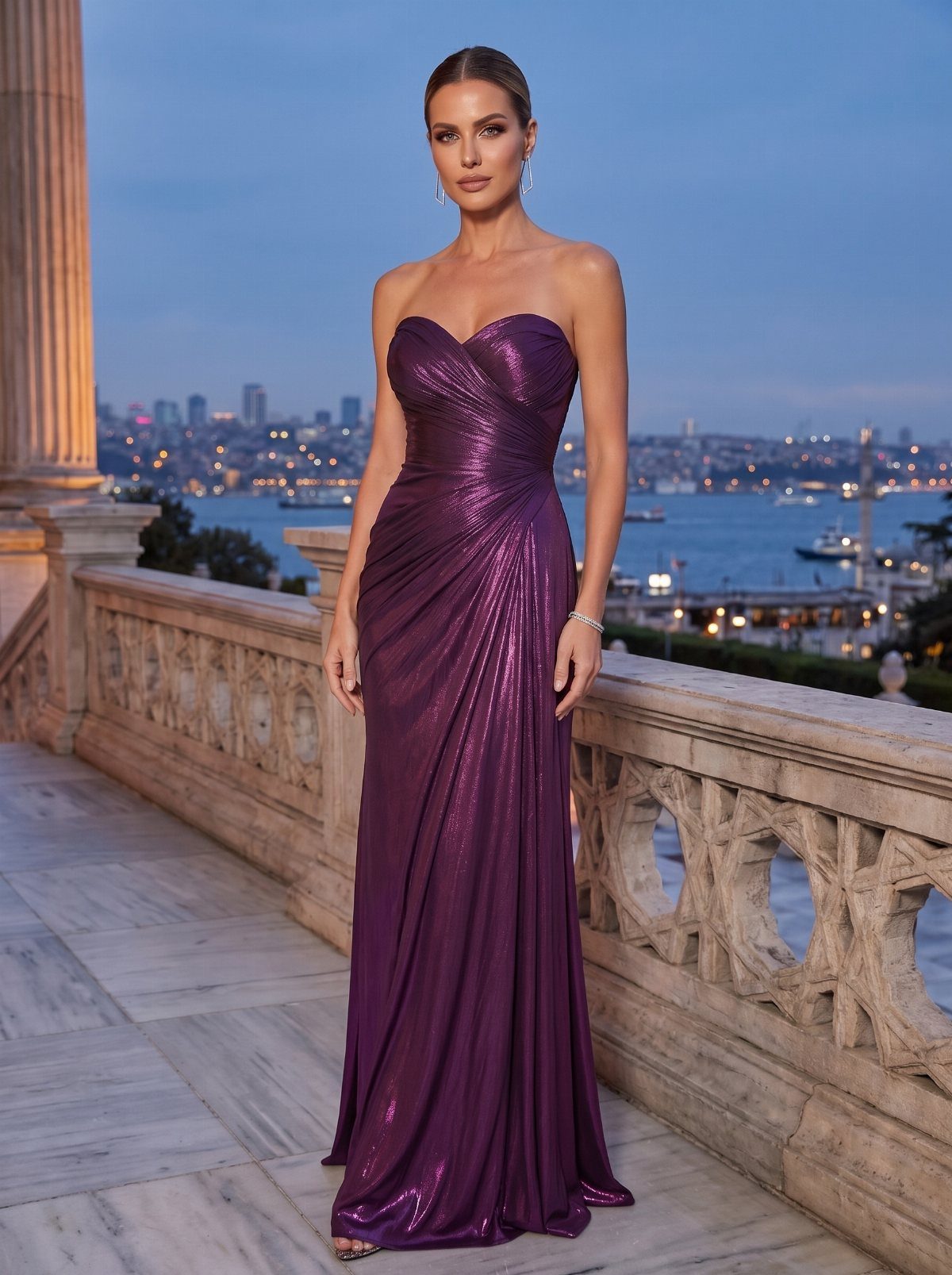 Evening Dress Luxury: 9 Gown Ideas in Satin and Sequins 3 Woman in a strapless purple shimmering column gown on a marble terrace at dusk