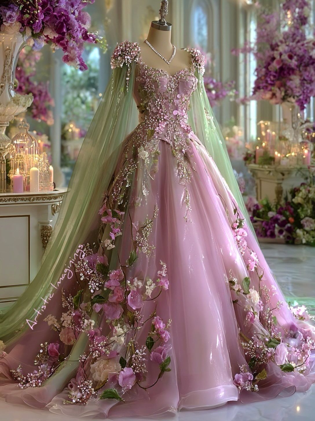 Fairy Tail Dress Ideas: 6 Styles for Fairytale Looks 6 Pink and green ball gown with 3D floral appliqués on a mannequin