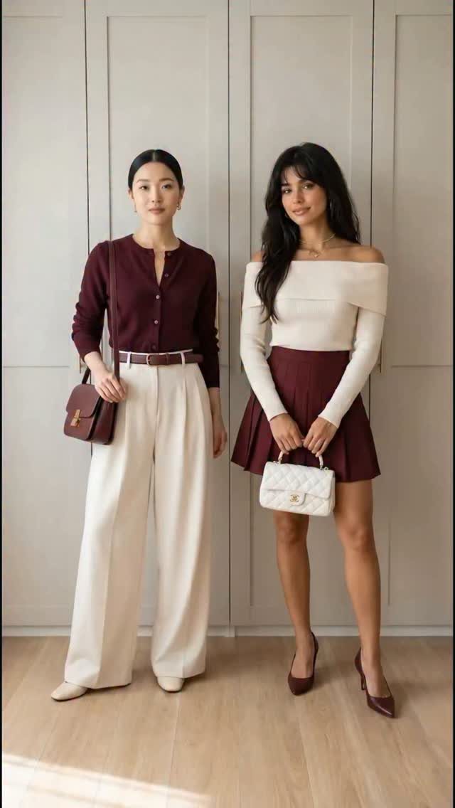 Two women wearing burgundy and cream outfits posing against a white paneled wall.
