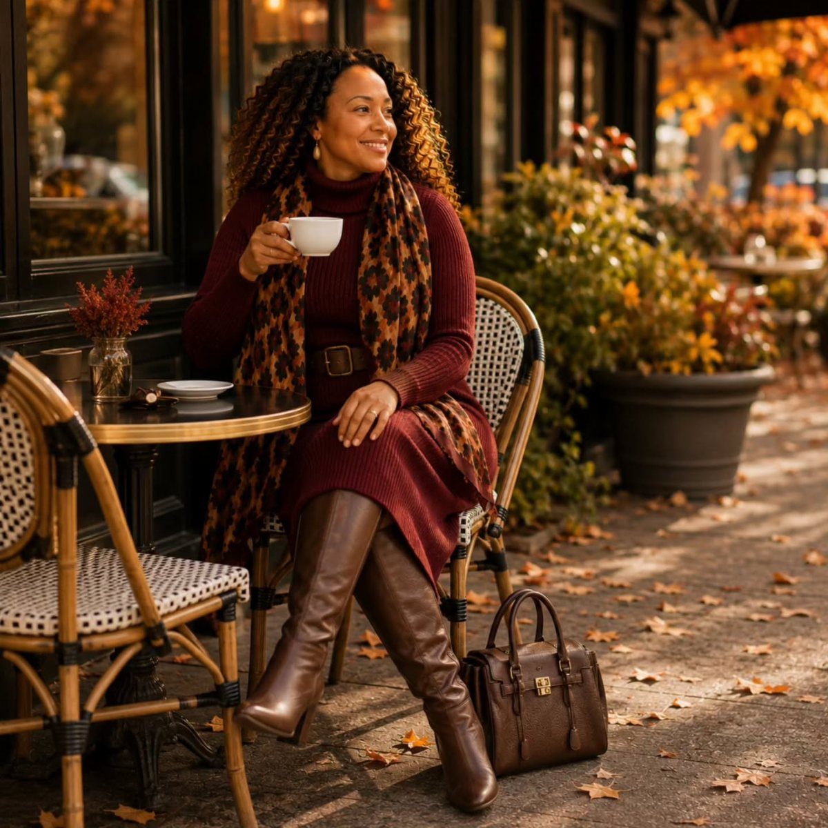 Woman wearing a burgundy sweater dress and leopard scarf at an outdoor cafe.