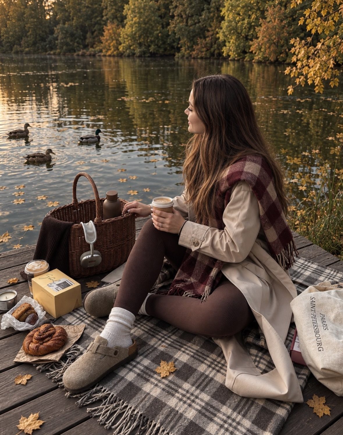 Fall Picnic Outfit Ideas: 10 Cozy Looks to Wear 7 Woman in a beige coat and plaid scarf sitting by a lake picnic