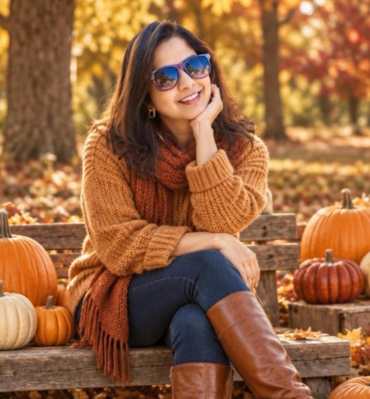 Fall Picnic Outfit Ideas: 10 Cozy Looks to Wear 10 Woman in orange sweater and brown boots sitting on bench with pumpkins.