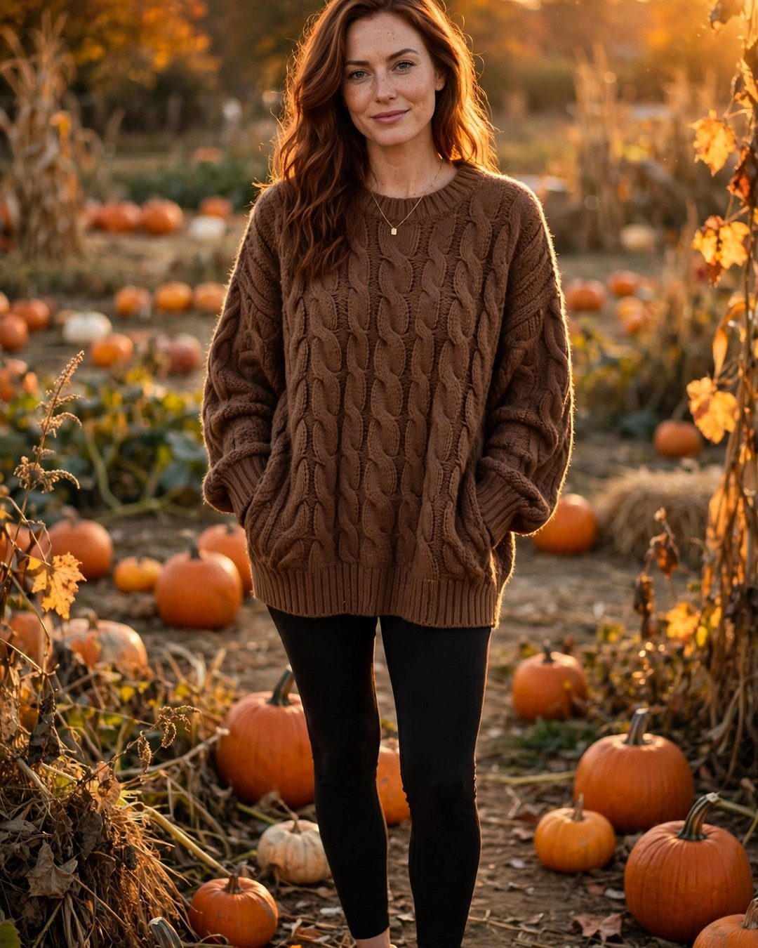 Fall Picnic Outfit Ideas: 10 Cozy Looks to Wear 1 Woman in brown oversized cable-knit sweater and black leggings in a pumpkin patch.