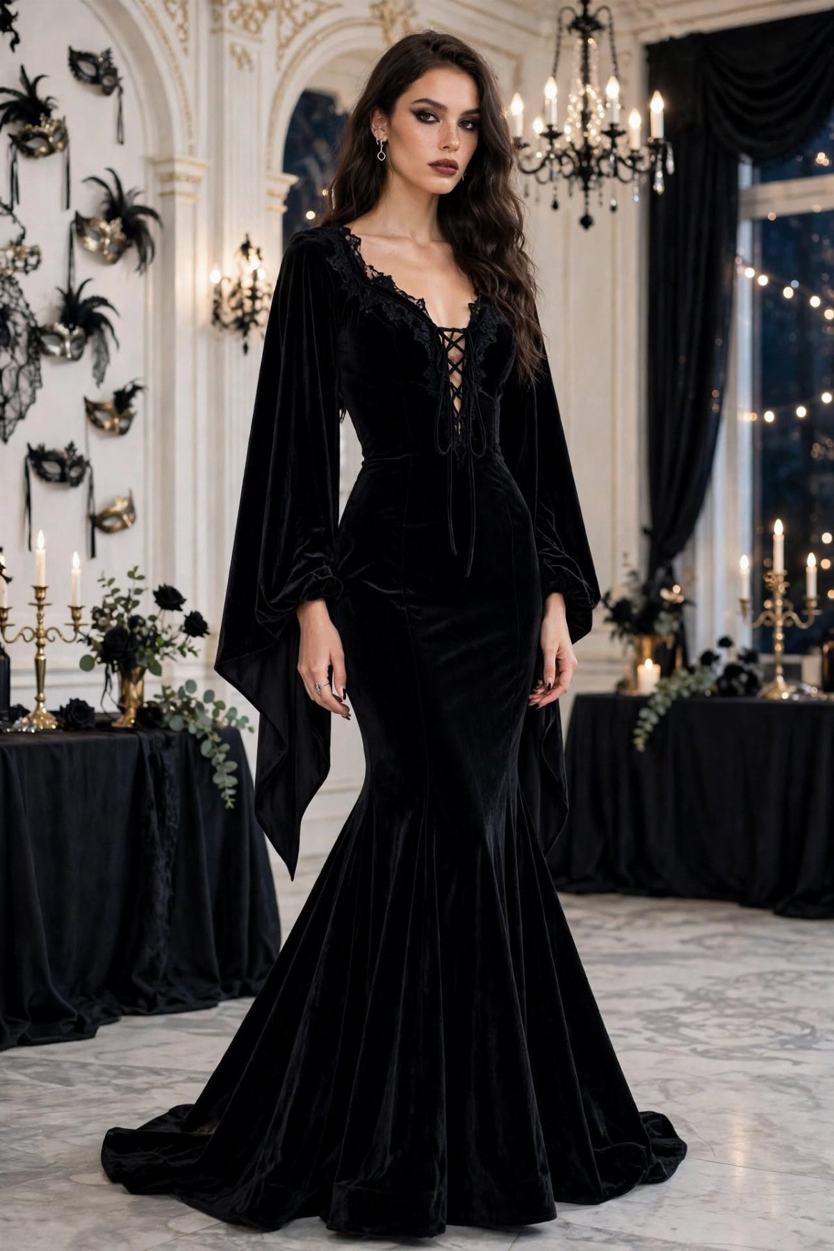 Woman in a black velvet mermaid gown with flared sleeves in an ornate room