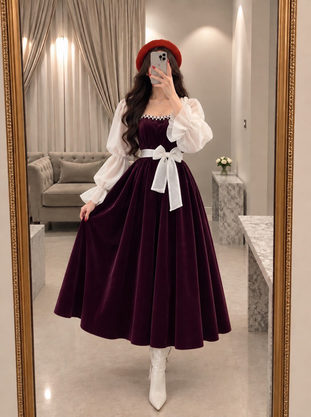 Person in a burgundy velvet dress with white puffed sleeves and a red beret.