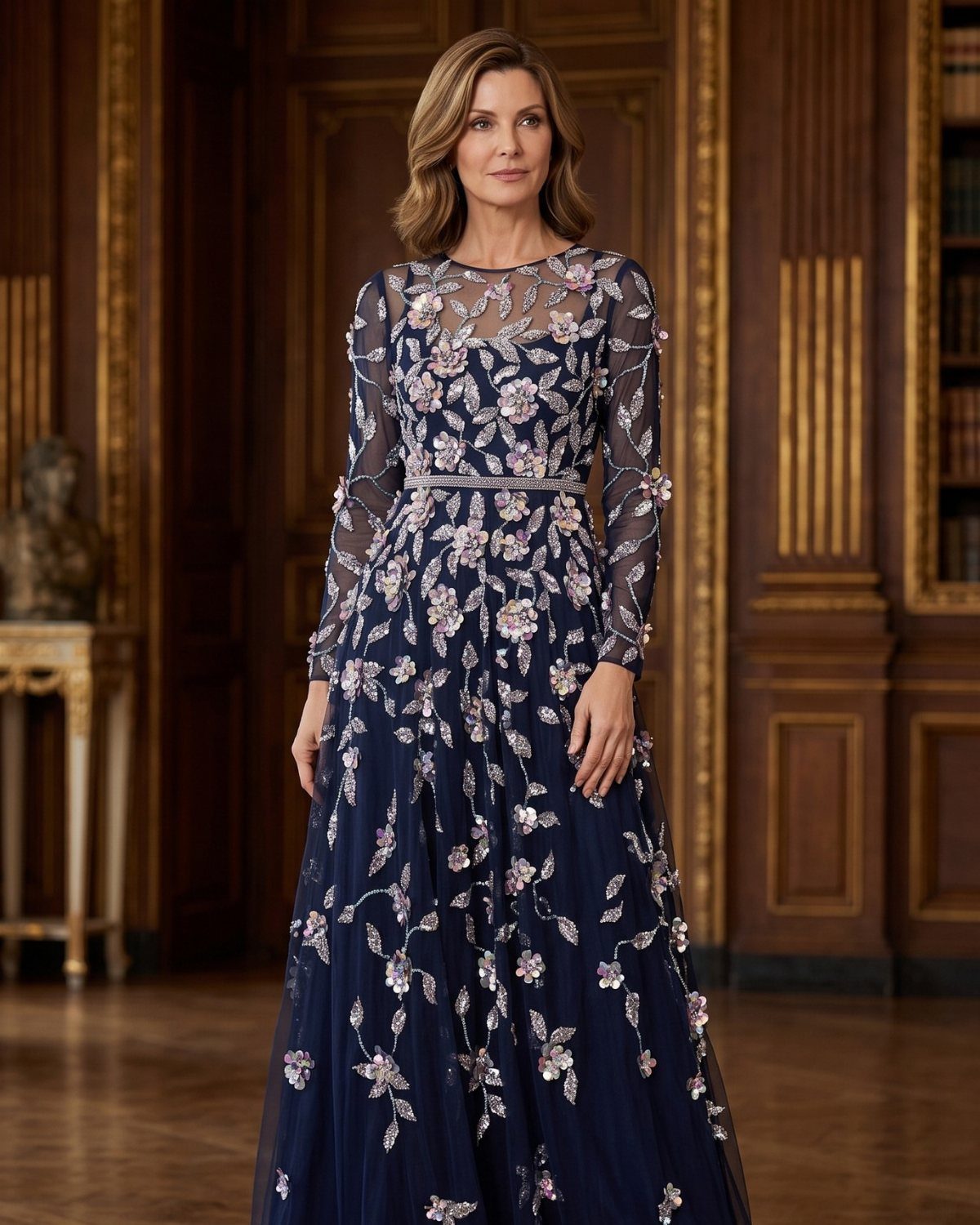 Woman in a navy blue tulle gown with floral embroidery in a wooden room