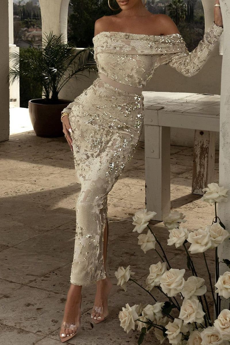 11 Glitz Glam Outfit Ideas with Sequins, Fringe and Fur 8 Woman in a champagne sequined off-the-shoulder crop top and high-rise long skirt.