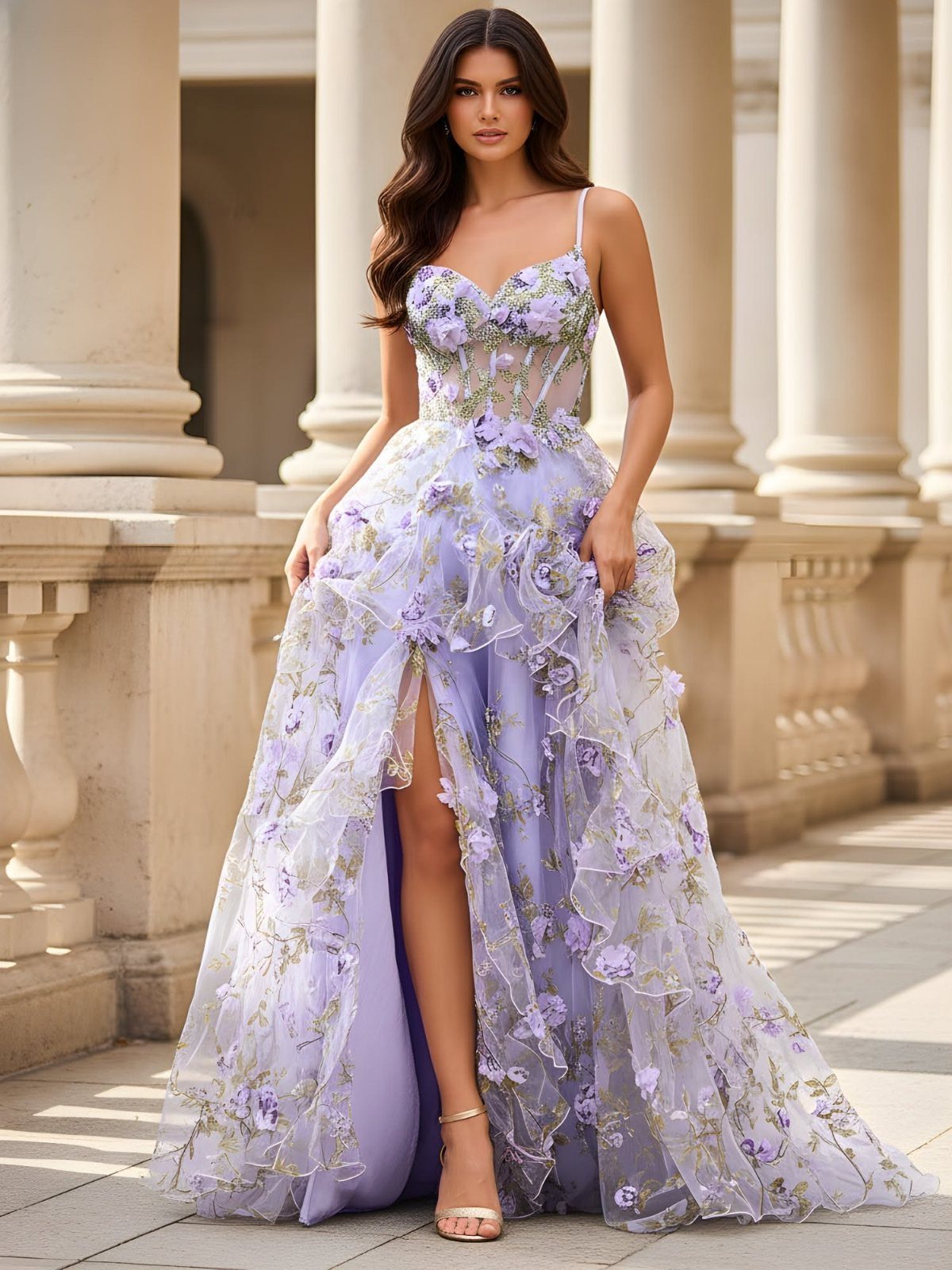 Woman in a purple tulle gown with floral appliqués and a long train.