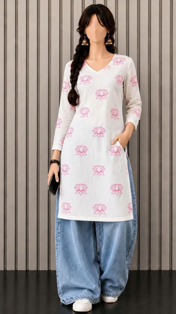 How to Style a Tunic: 9 Ideas From Jeans to Shorts 6 Woman wearing a white printed tunic with wide-leg blue denim jeans