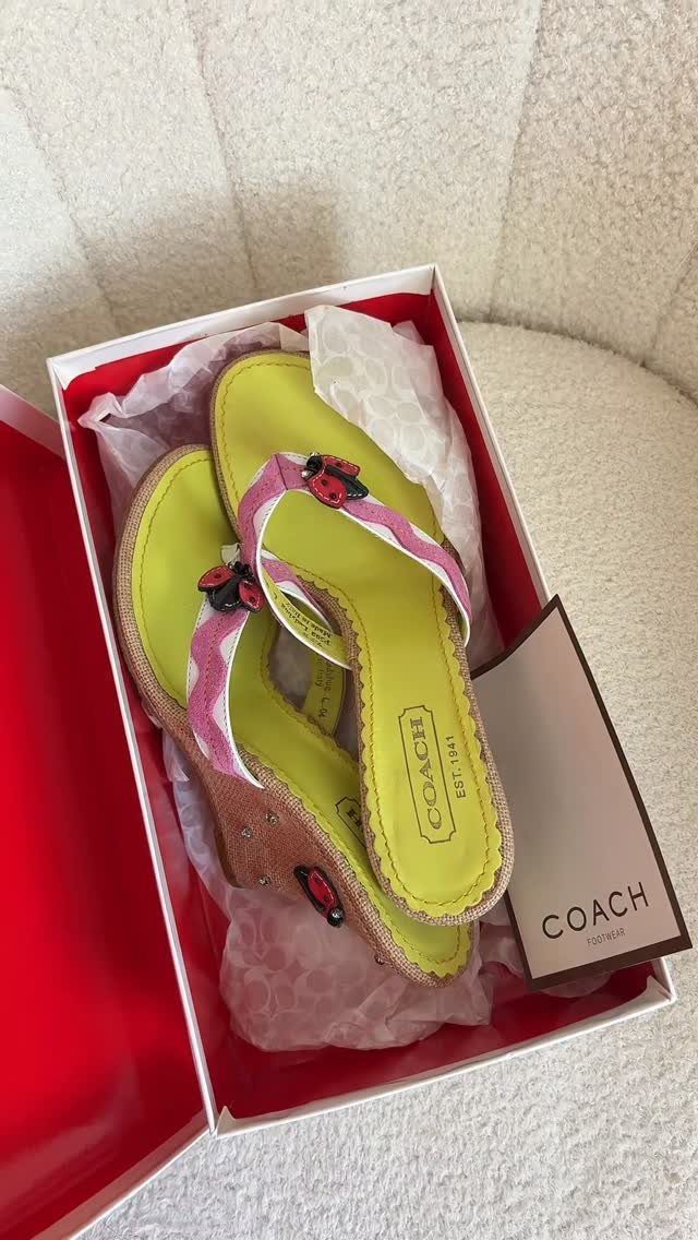 Ladybug Coach Heels: 4 Ideas for Green and Wedge Styles 2 Lime green Coach wedge sandals with pink straps and ladybug charms in a box.