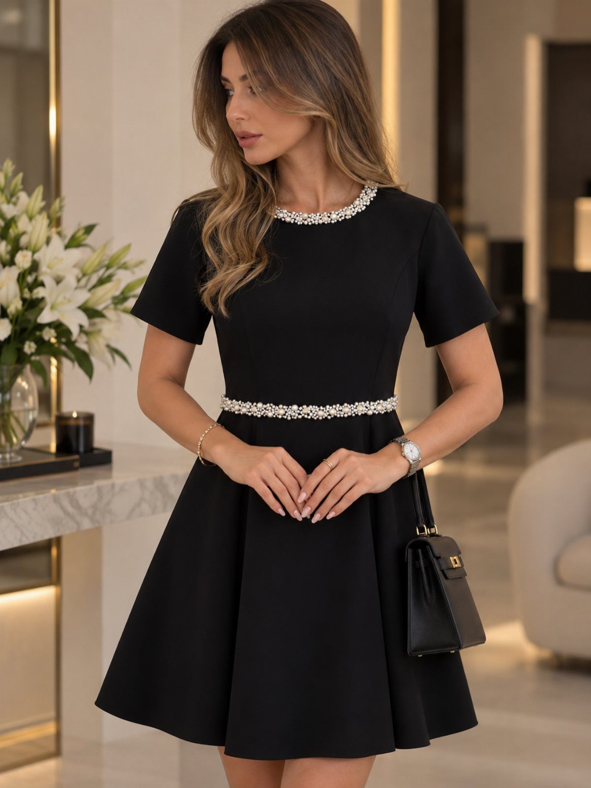 10 Luxury Dress for Wedding Guest Ideas and Styles 9 Woman in a black cocktail dress with beaded neckline and waist embellishments.