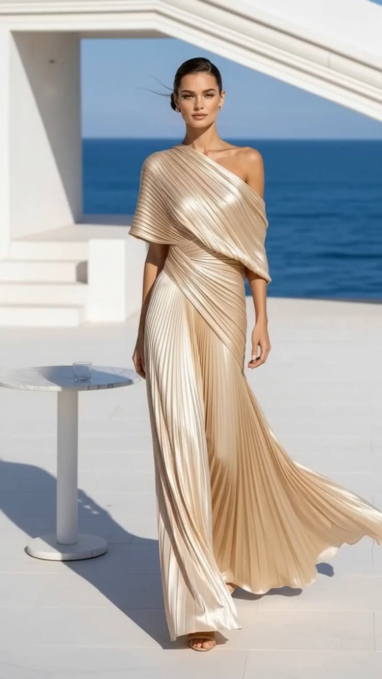 10 Luxury Dress for Wedding Guest Ideas and Styles 1 Woman in a gold pleated one-shoulder Grecian gown on a white seaside terrace.