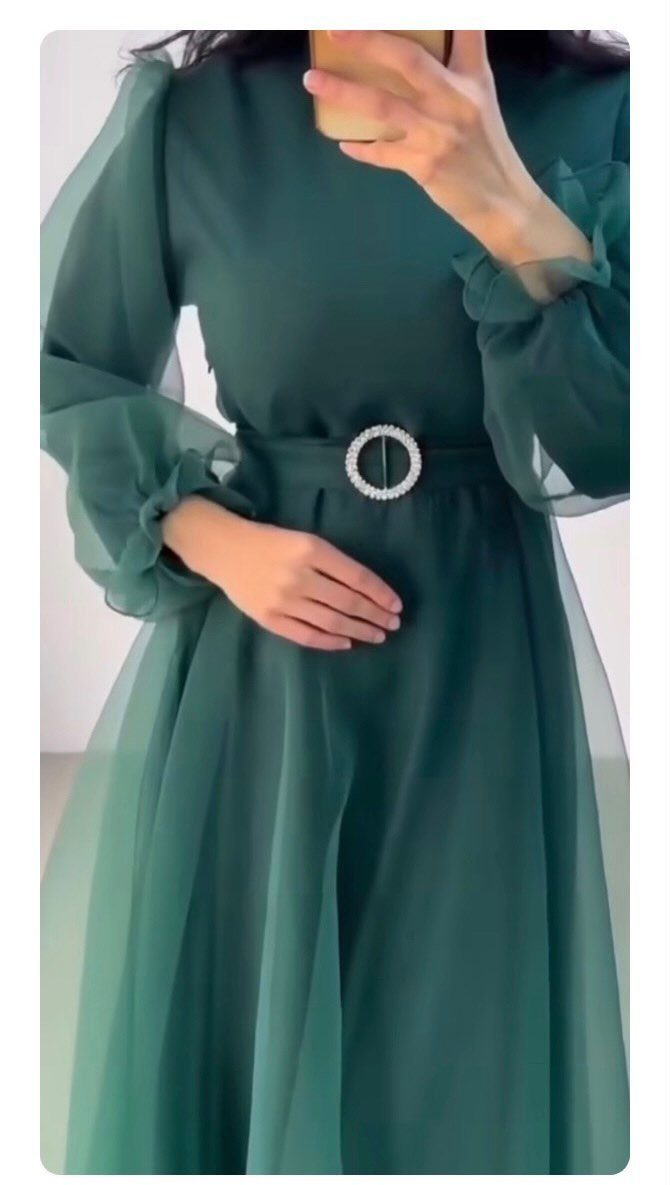 10 Luxury Dress for Wedding Guest Ideas and Styles 5 Forest green chiffon dress with sheer puffed sleeves and a pearl buckle belt.