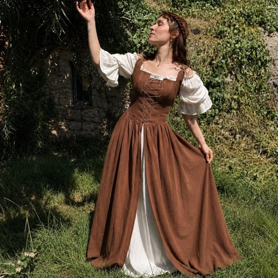 Medieval Period Dress: 12 Women's Styles and Looks 3 Woman in brown medieval dress and white chemise standing in a grassy field