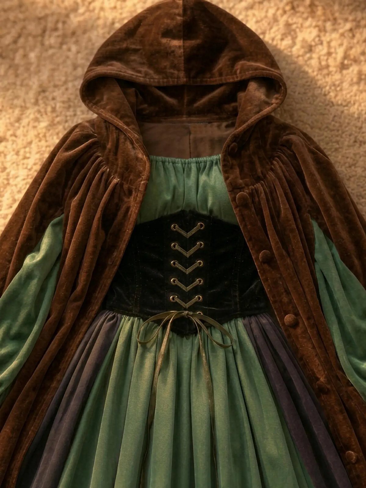 Medieval Period Dress: 12 Women's Styles and Looks 9 Green medieval gown with black laced bodice and brown velvet hooded cloak