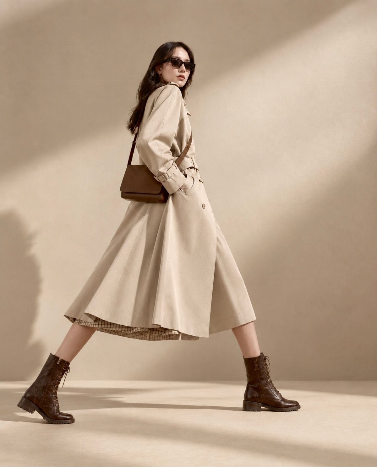 Woman in a beige trench coat wearing brown leather mid-calf heeled boots.