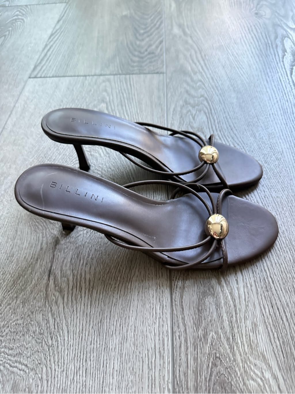 Miu Miu Kitten Heels: 7 Ideas for Every Outfit 6 Dark brown leather kitten heels with gold circular accents on grey wooden flooring.