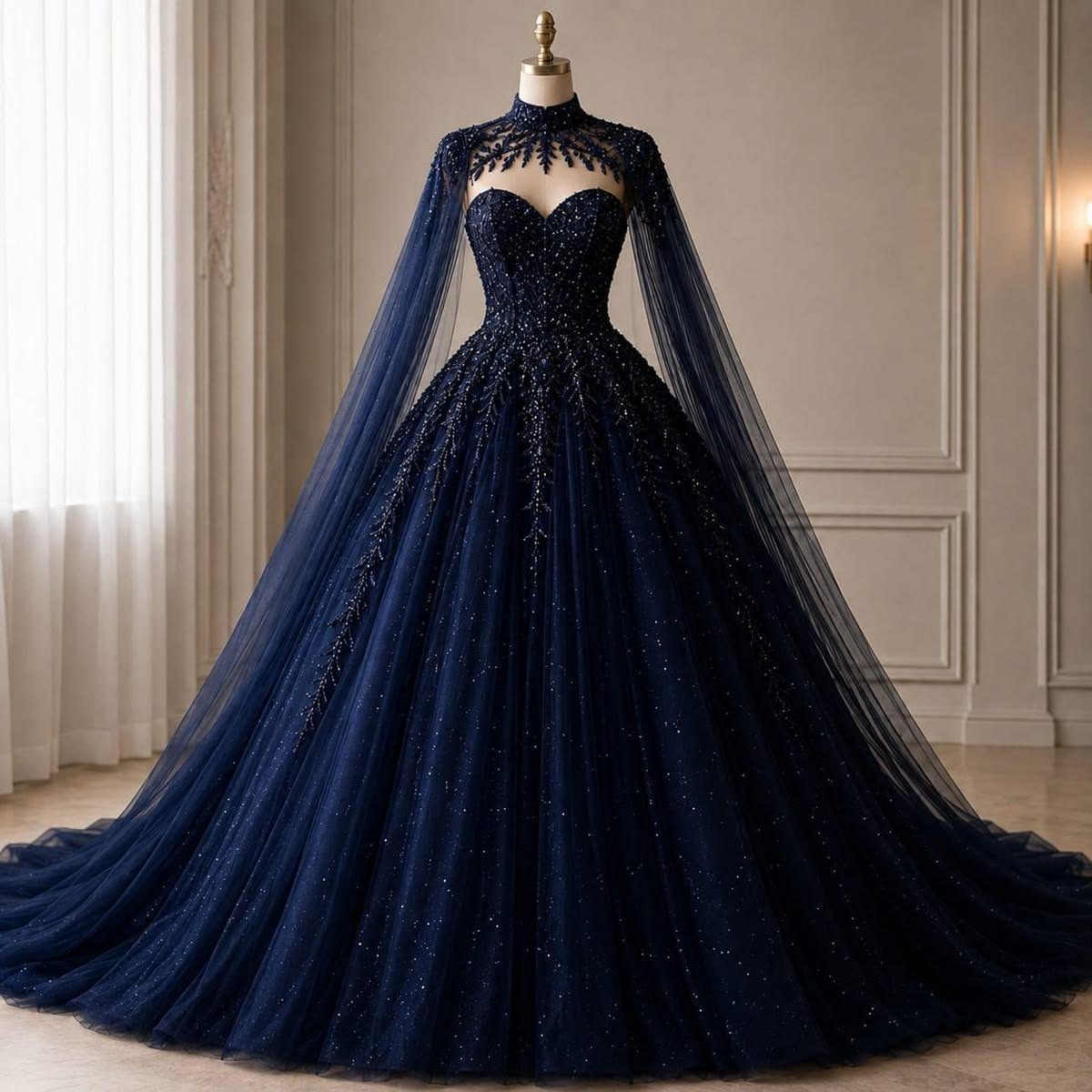 Navy Blue Ball Gown Ideas: 9 Styles From Tulle to Corset 2 Navy blue ball gown with sparkling tulle skirt and sheer cape on mannequin