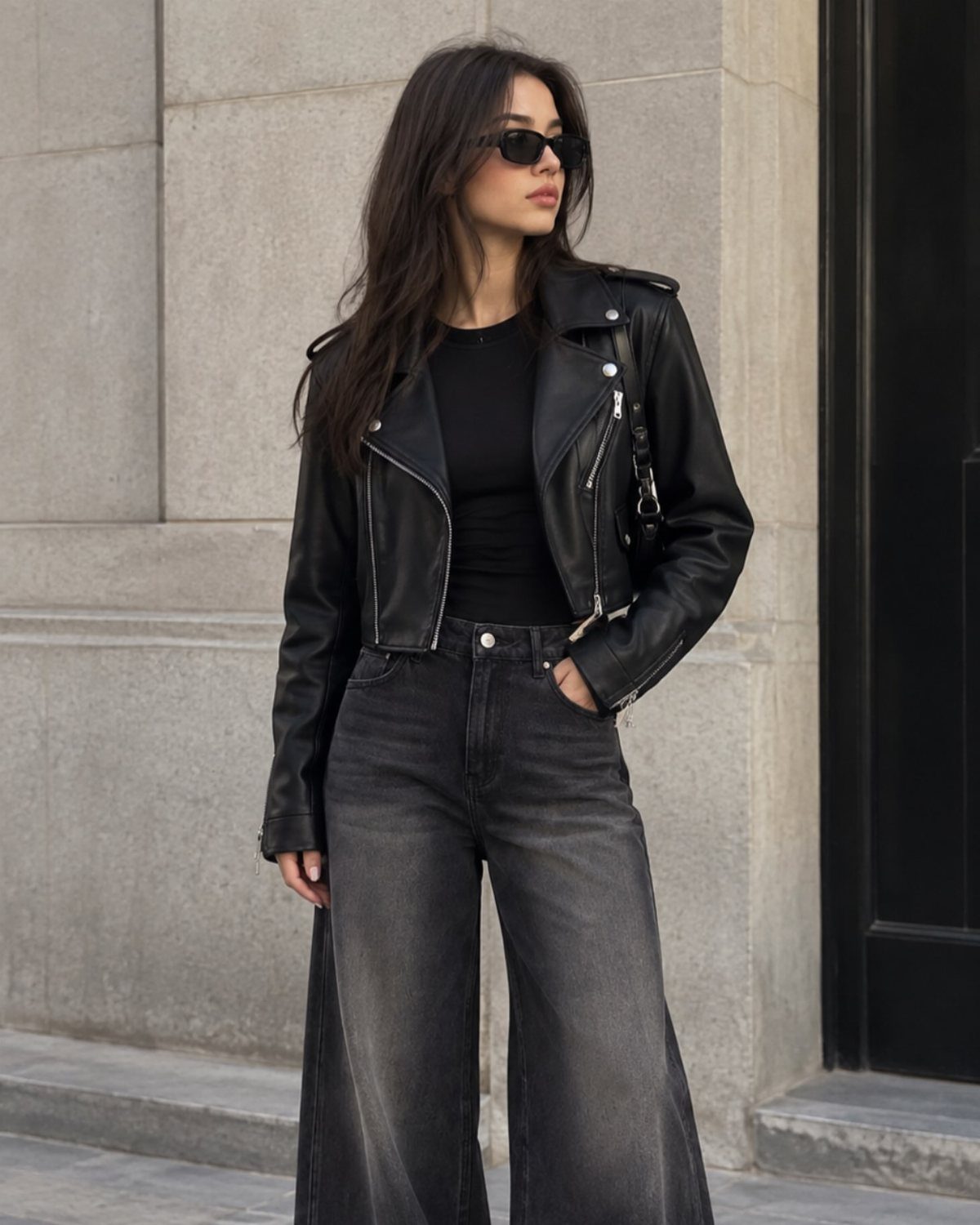Woman wearing a black leather biker jacket and wide-leg trousers against a stone wall.