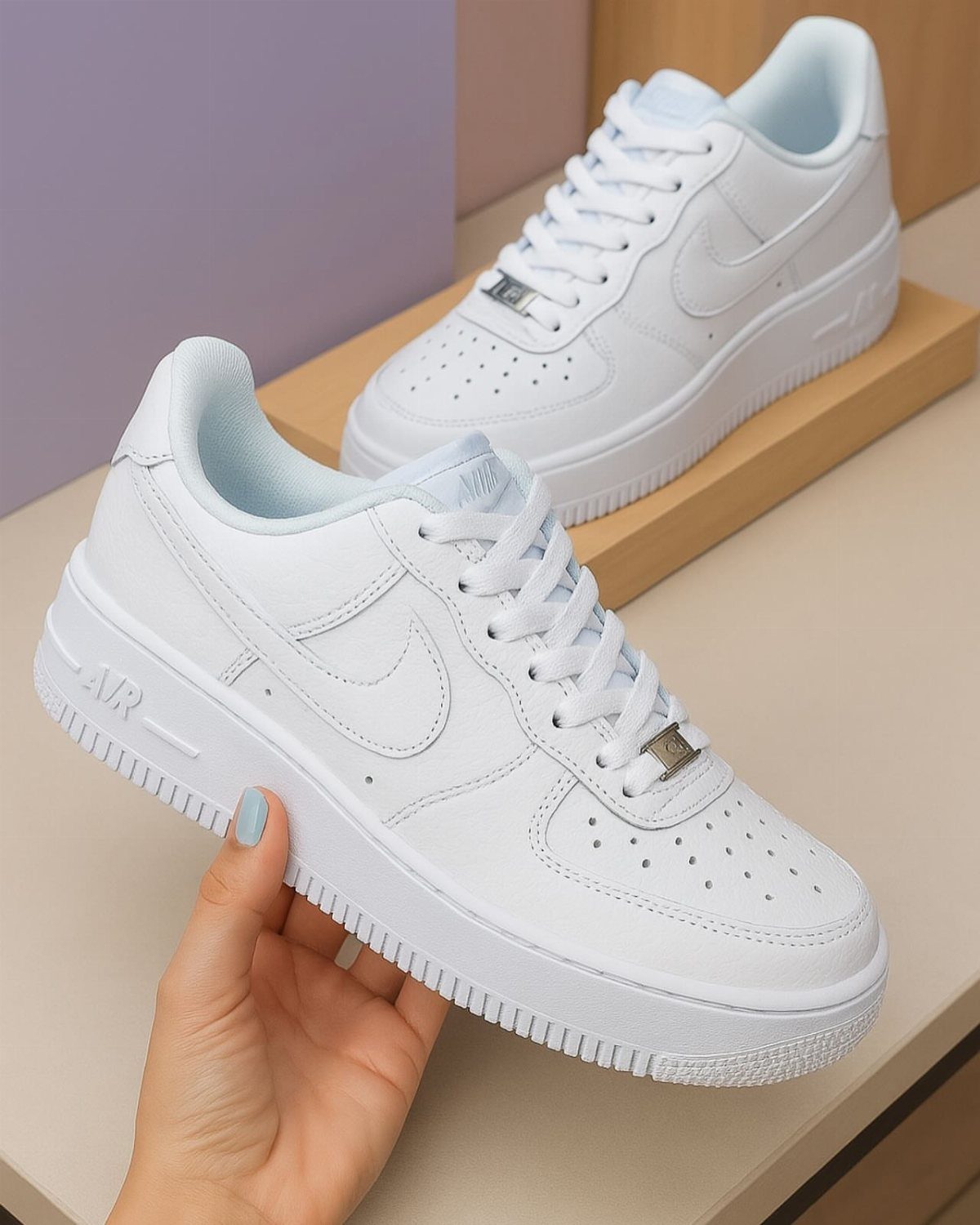 White Nike sneakers held by a hand and resting on a tan block.