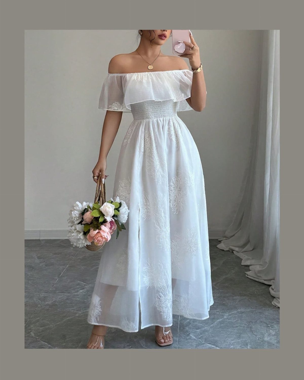 7 Off White Boho Dress Ideas for Every Occasion 2 Woman in off-white off-the-shoulder dress with flutter sleeves holding a flower basket
