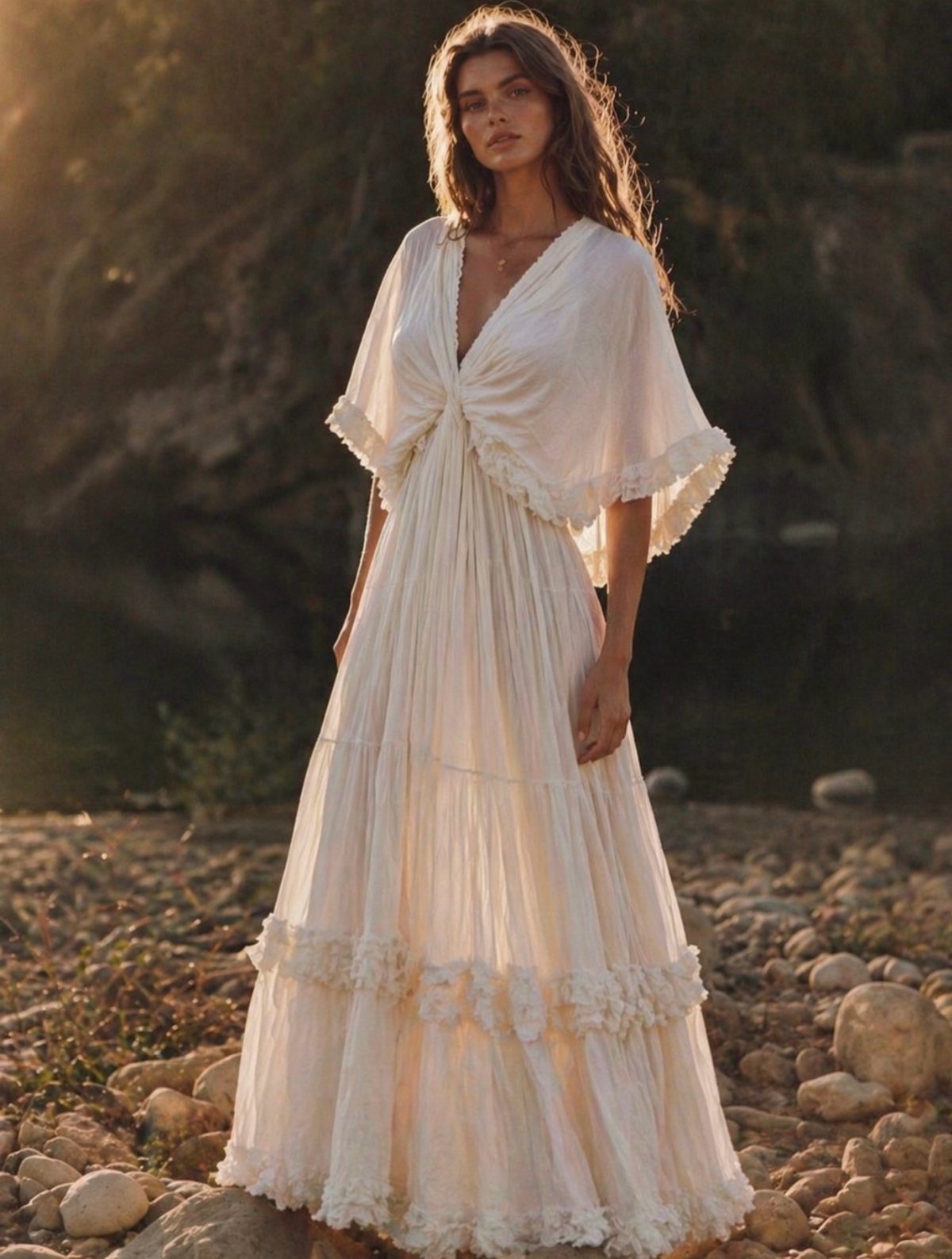 7 Off White Boho Dress Ideas for Every Occasion 4 Woman in a long ivory bohemian maxi dress standing on a rocky riverbank
