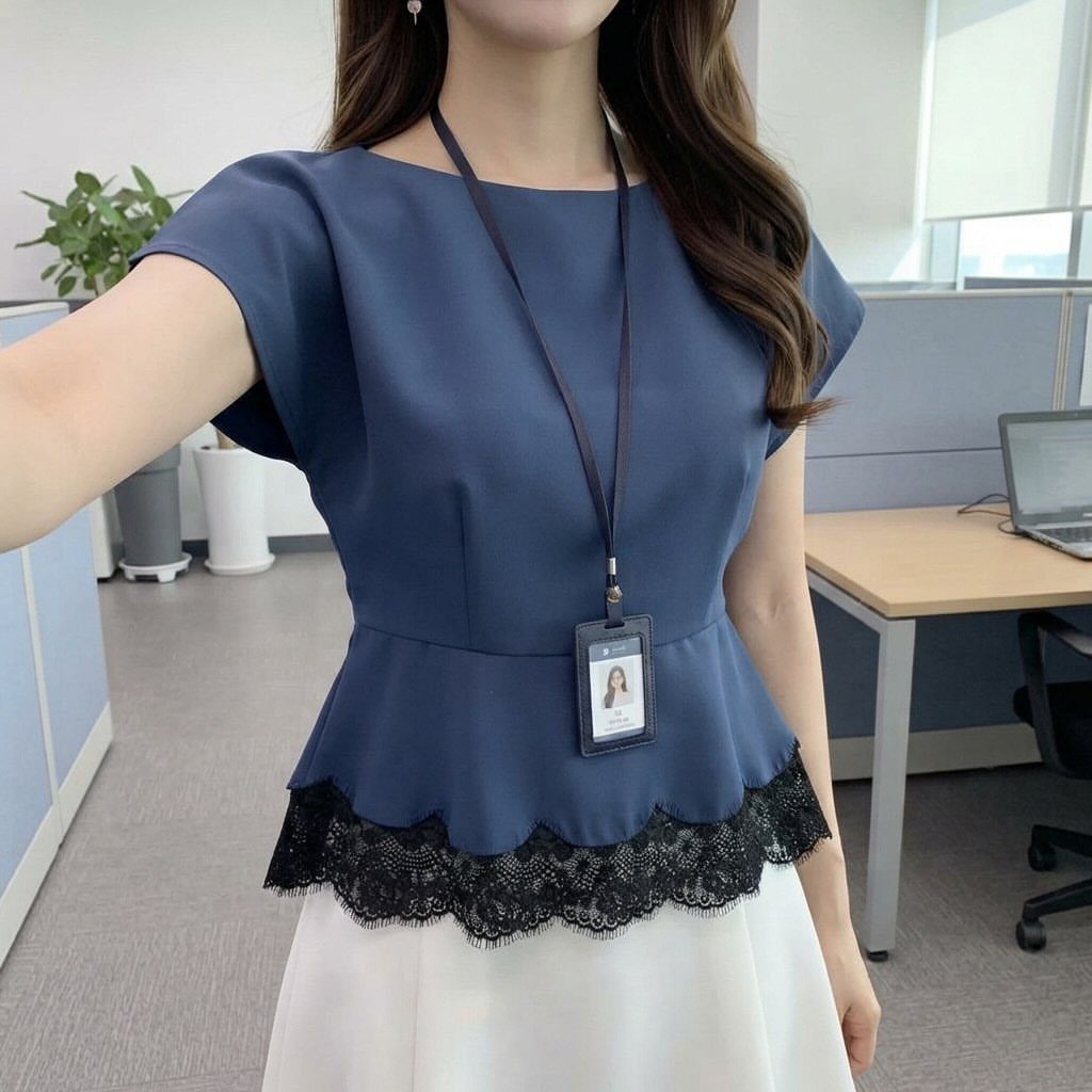 Woman wearing a navy blue peplum blouse with black lace and white skirt.