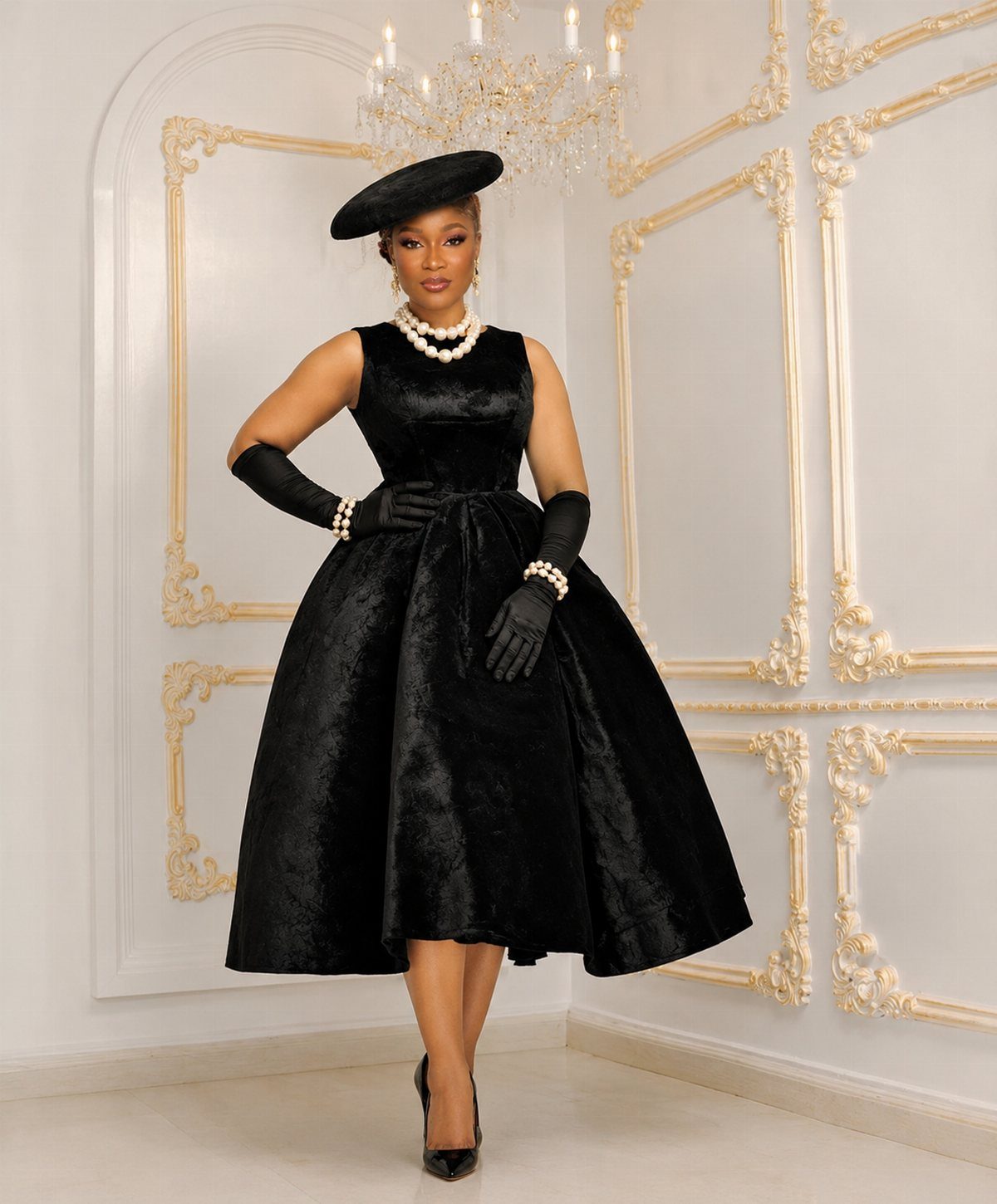Old Hollywood Style Dresses: 9 Ideas in Satin, Lace and Black 3 Woman in a classic black velvet dress with pearls and a pillbox hat.