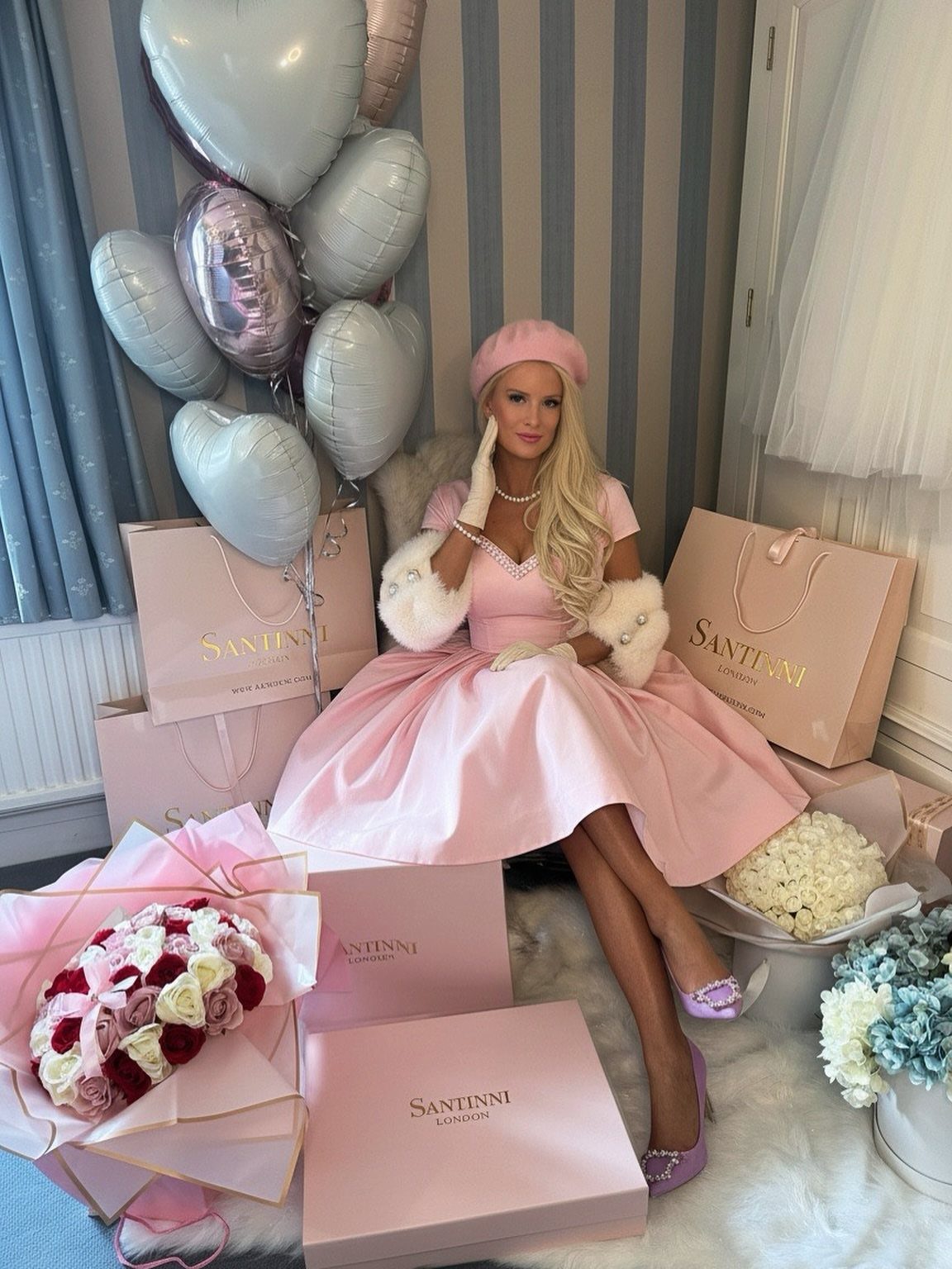 Old Hollywood Style Dresses: 9 Ideas in Satin, Lace and Black 7 Woman in a short pink satin dress and beret surrounded by balloons and flowers